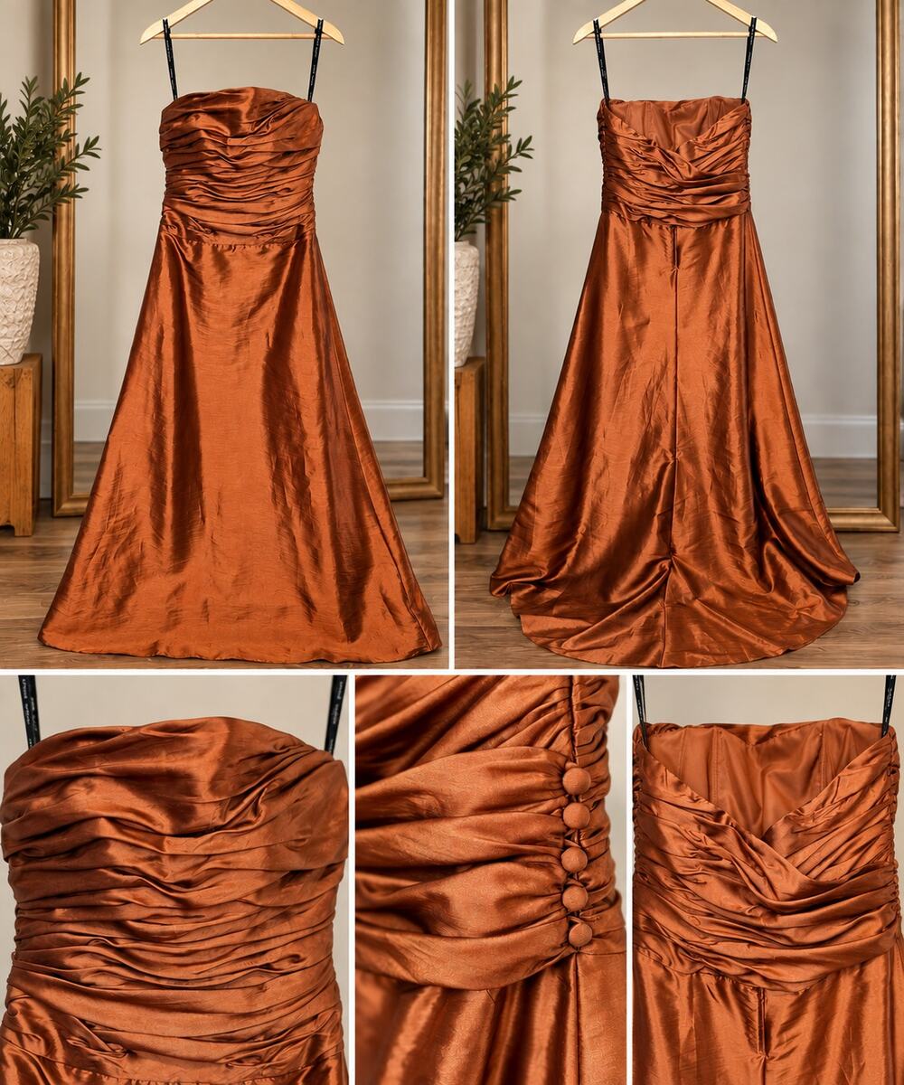 Copper Rust Satin Ruched Formal Maxi Gown – Size Small